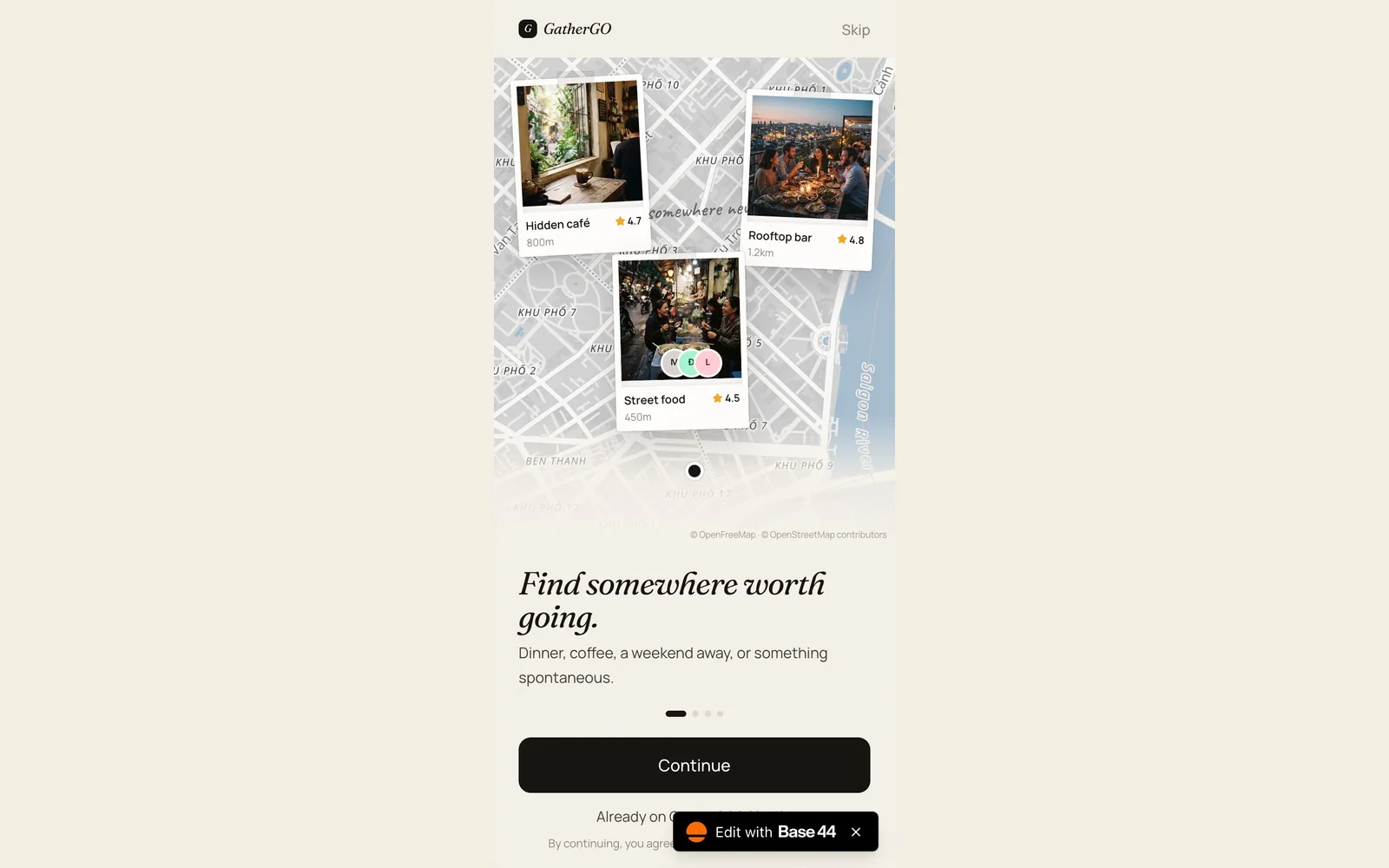GatherGO welcome screen with places pinned on a map