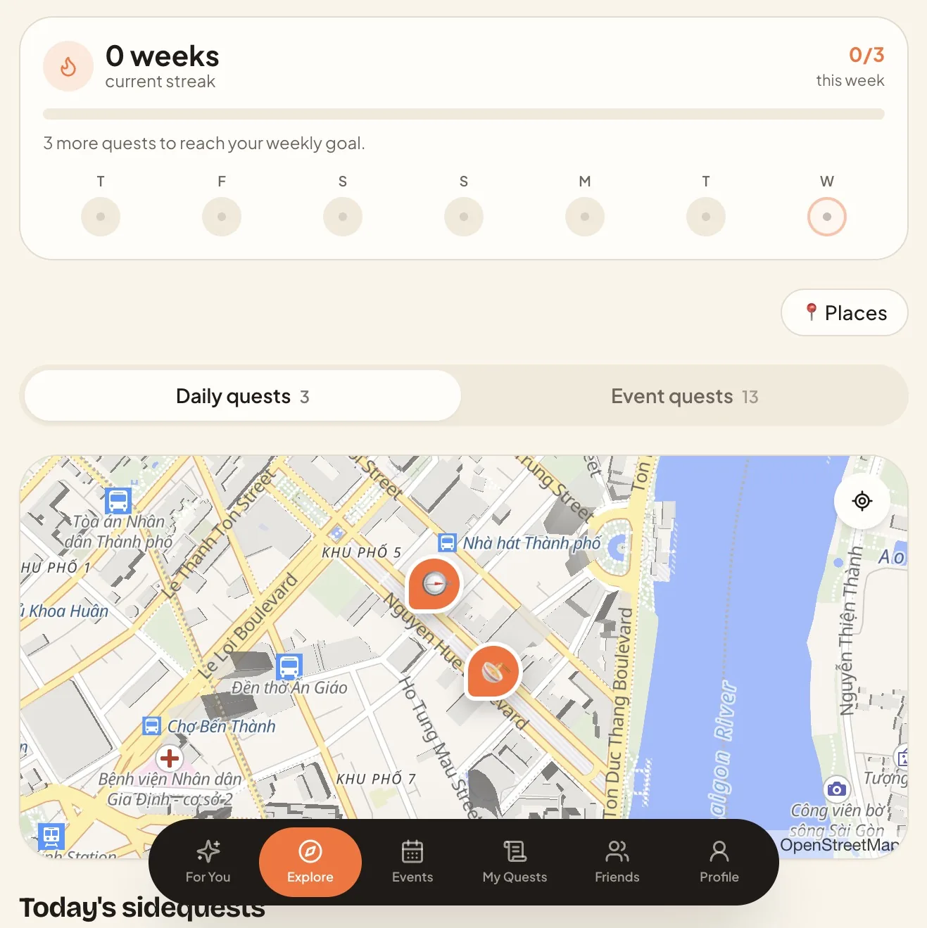 Real Life Quest explore screen with daily quests on a map