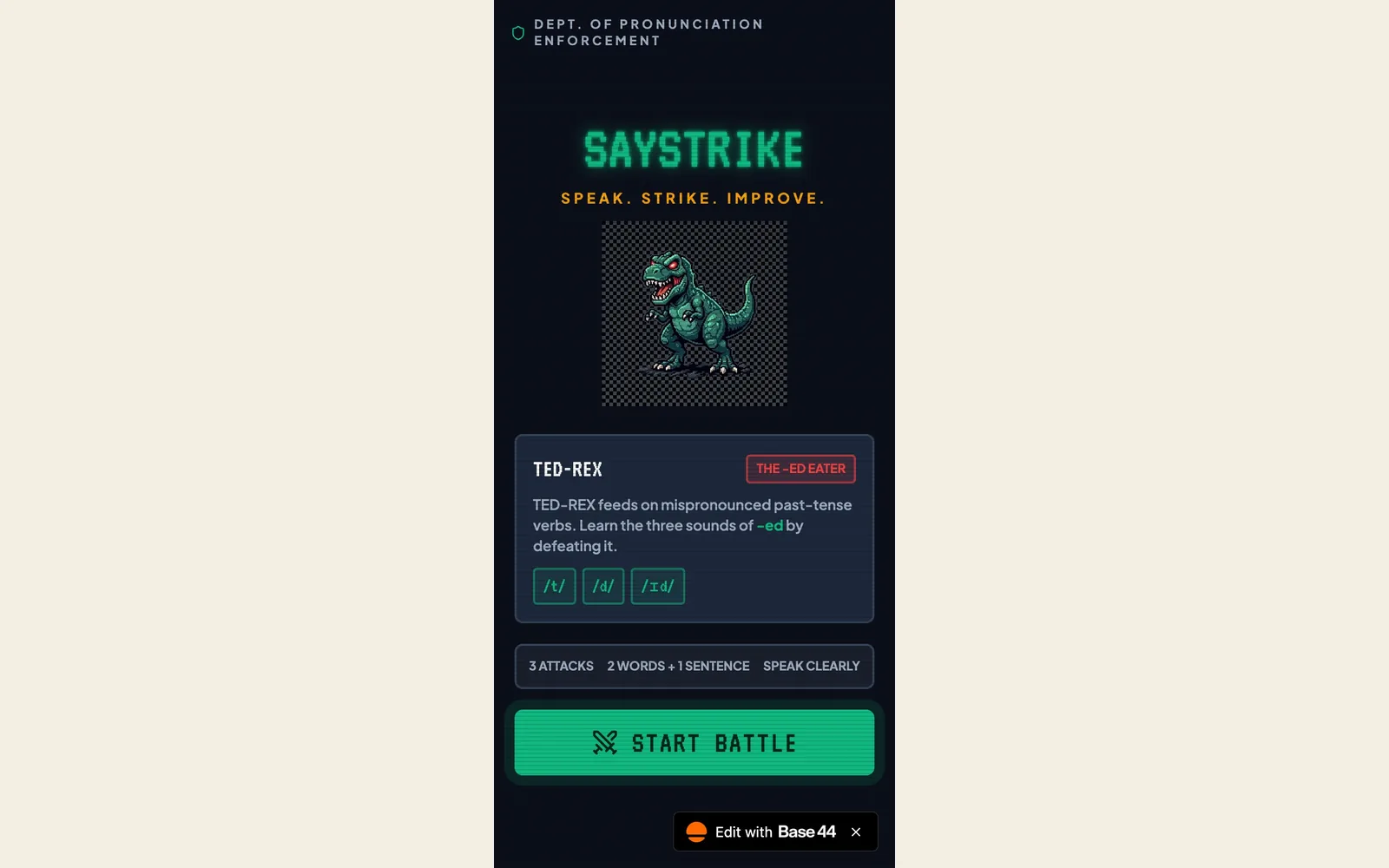 SayStrike start screen with TED-REX, the -ed eater
