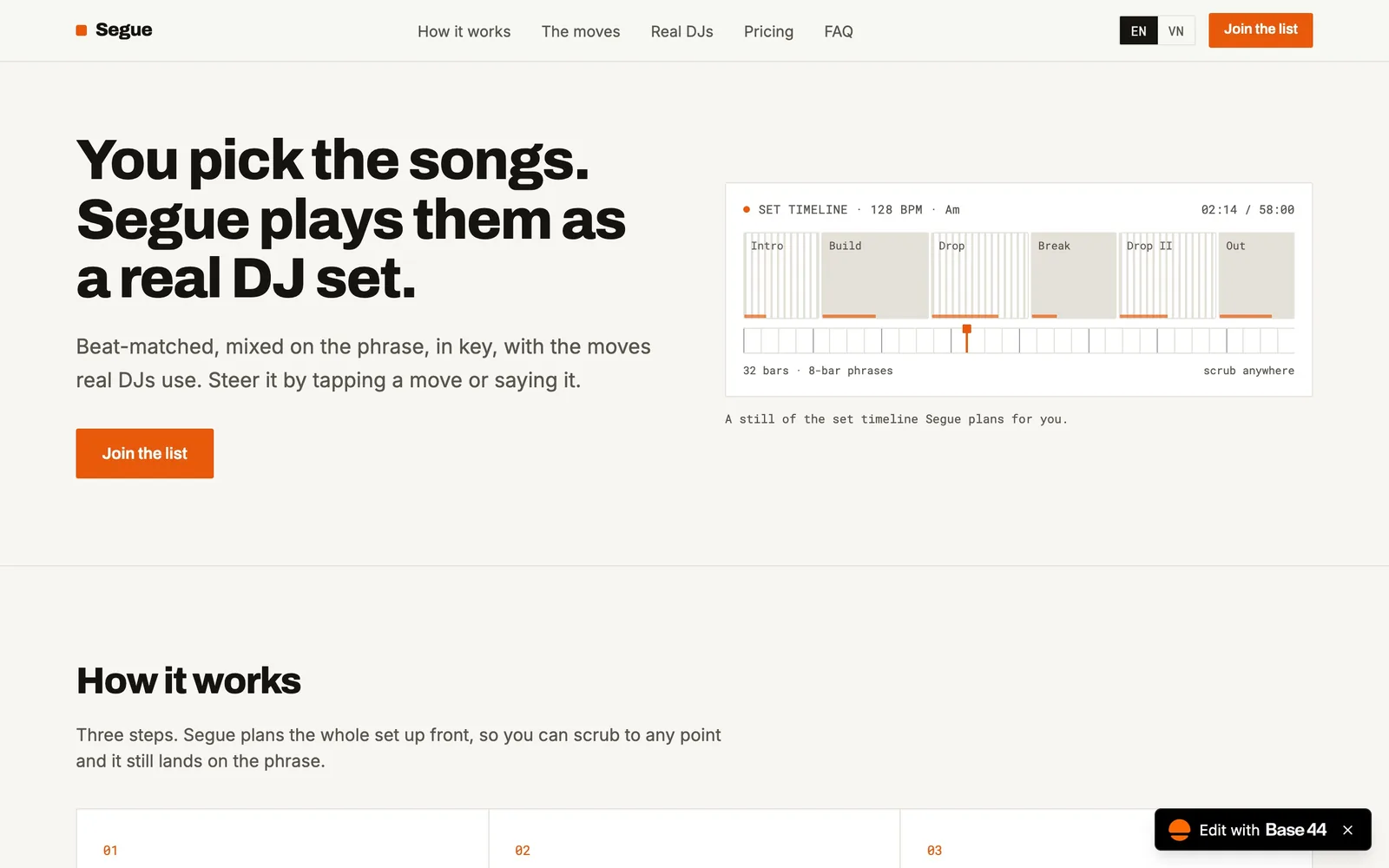 Segue landing page showing a set timeline